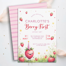 Berry First Pink Strawberry Patch 1st Birthday 招待状