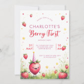 Berry First Pink Strawberry Patch 1st Birthday 招待状 (正面)