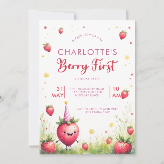 Berry First Pink Strawberry Patch 1st Birthday 招待状 (正面)