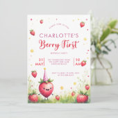 Berry First Pink Strawberry Patch 1st Birthday 招待状 (スタンド正面)