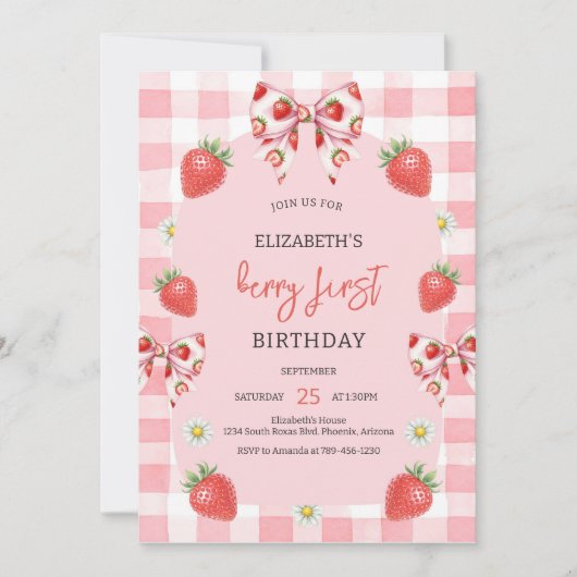 Berry First Strawberry 1st Birthday Invitation 招待状 (正面)