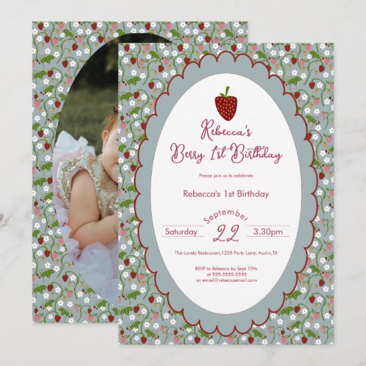 Berry First Strawberry 1st Birthday Photo 招待状 (正面/裏面)