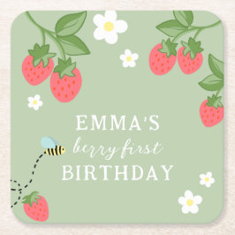 Berry First Strawberry Birthday Party スクエアペーパーコースター