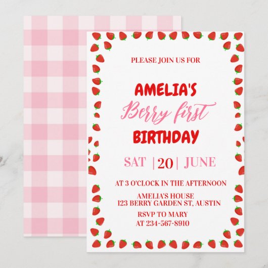 Berry First Strawberry Border Birthday Invitation  招待状 (正面/裏面)