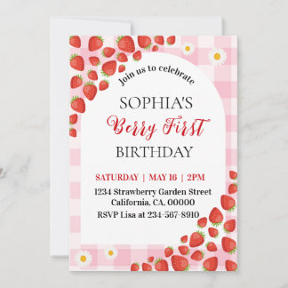 Berry First Strawberry gingham birthday invitation 招待状