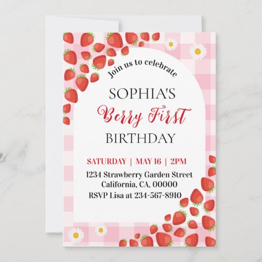 Berry First Strawberry gingham birthday invitation 招待状 (正面)