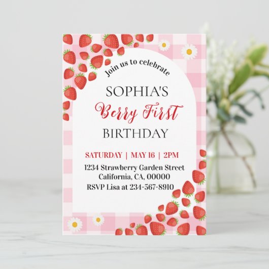Berry First Strawberry gingham birthday invitation 招待状 (スタンド正面)