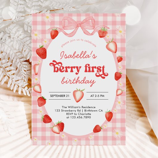 Berry First Strawberry Girl 1st Birthday Party 招待状