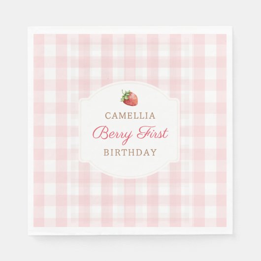 Berry First Strawberry Pink Gingham Birthday Party スタンダードランチョンナプキン (正面)