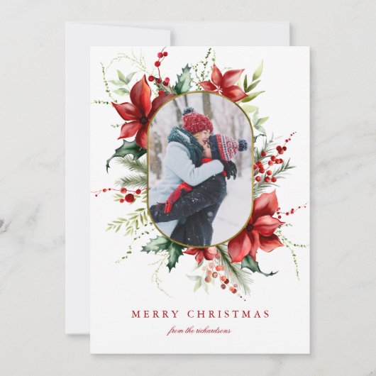 Berry Gold Foil Frame Photo Christmas Holiday Card シーズンカード (正面)