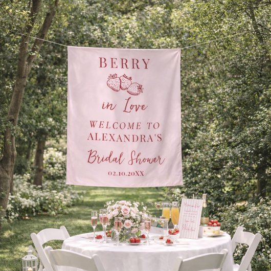Berry In Love Bridal Shower Fabric Welcome Sign タペストリー