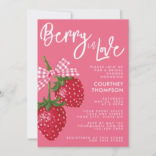 Berry In Love Pink & Red Strawberry Bridal Shower 招待状 (正面)