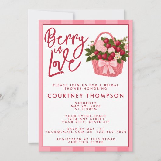 Berry In Love Pink & Red Strawberry Bridal Shower 招待状 (正面)