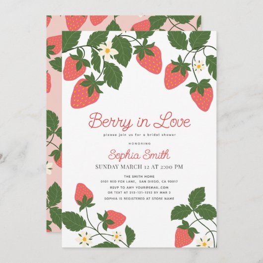 Berry in Love Pink Strawberry Floral Bridal Shower 招待状 (正面/裏面)