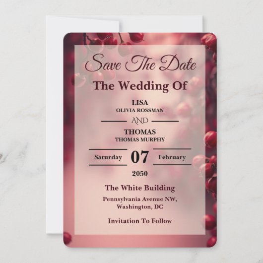 Berry Red Bold Accent Wedding Save The Date セーブザデート (正面)