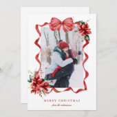 Berry Red Bow Frame Photo Christmas Holiday Card シーズンカード (正面/裏面)