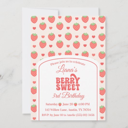 Berry Sweet | いちごの女の子の3歳の誕生日パーティー 招待状 (正面)