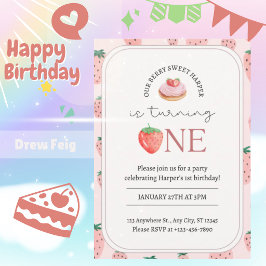Berry Sweet ストロベリー テーマ 1歳の誕生日 招待状