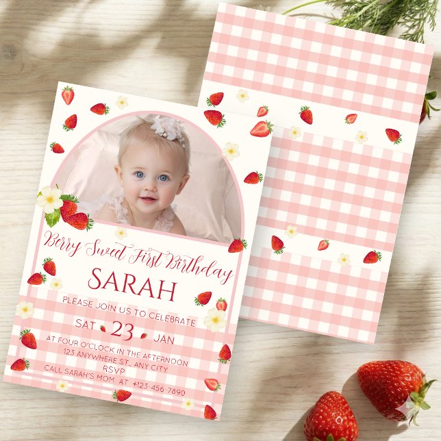 Berry Sweet 1st バースデー 写真 招待状  (Berry Sweet 1st Birthday Photo Invitation)