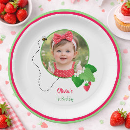 Berry Sweet 1st Birthday Strawberry Photo ペーパープレート