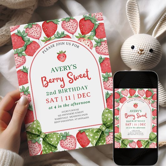 Berry Sweet 2nd Birthday Strawberry Invitation 招待状