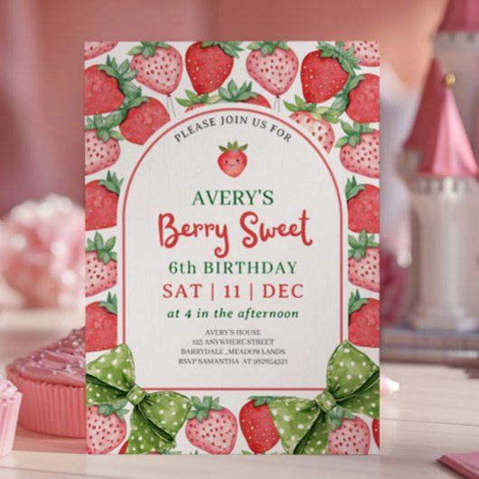 Berry Sweet 6th Birthday Strawberry Invitation 招待状