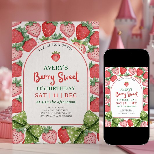 Berry Sweet 6th Birthday Strawberry Invitation 招待状