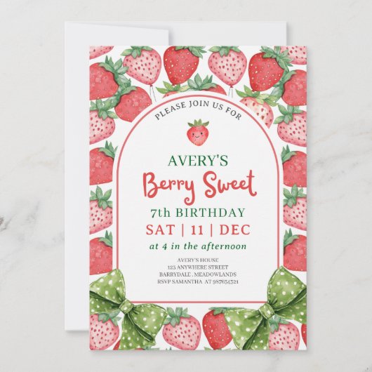 Berry Sweet 7th Birthday Strawberry Invitation 招待状 (正面)