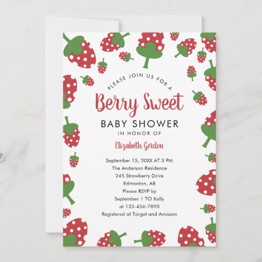 Berry Sweet Baby Shower Strawberry Cute Modern 招待状 (正面)