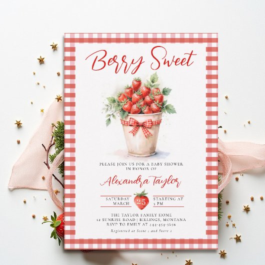 Berry Sweet Berries Art Garden Gingham Baby Shower 招待状