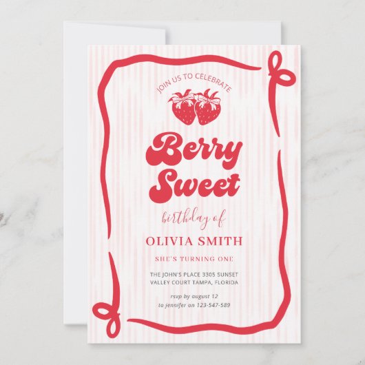 Berry Sweet Birthday Pink Bow Coquette Strawberry 招待状 (正面)