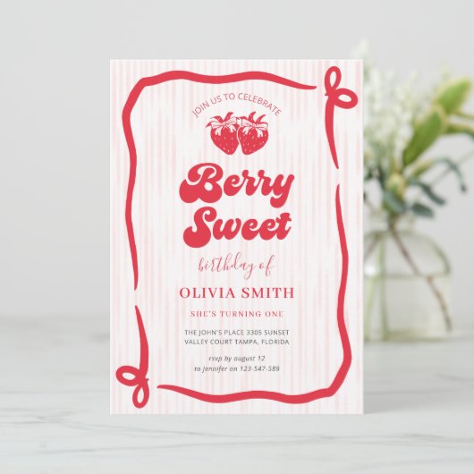 Berry Sweet Birthday Pink Bow Coquette Strawberry 招待状 (スタンド正面)
