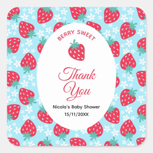 Berry Sweet Blue Strawberry Baby Shower スクエアシール (正面)