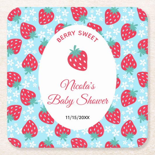 Berry Sweet Blue Strawberry Baby Shower スクエアペーパーコースター (正面)