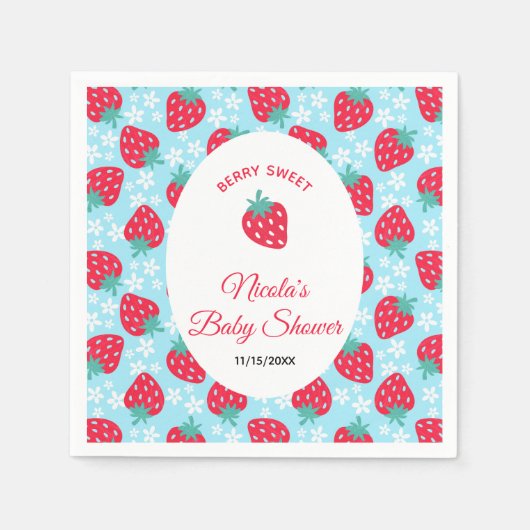Berry Sweet Blue Strawberry Baby Shower スタンダードカクテルナプキン (正面)