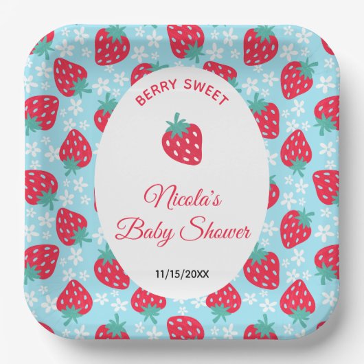 Berry Sweet Blue Strawberry Baby Shower ペーパープレート (正面)