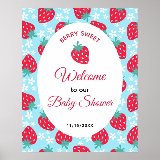 Berry Sweet Blue Strawberry Baby Shower Welcome ポスター (正面)