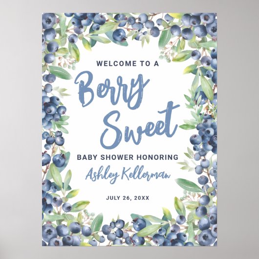 Berry Sweet Blueberry Baby Shower Welcome Sign ポスター (正面)