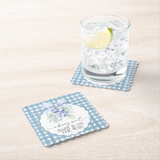 Berry Sweet Blueberry Gingham Baby Shower ペーパーコースター (インサイチュ)