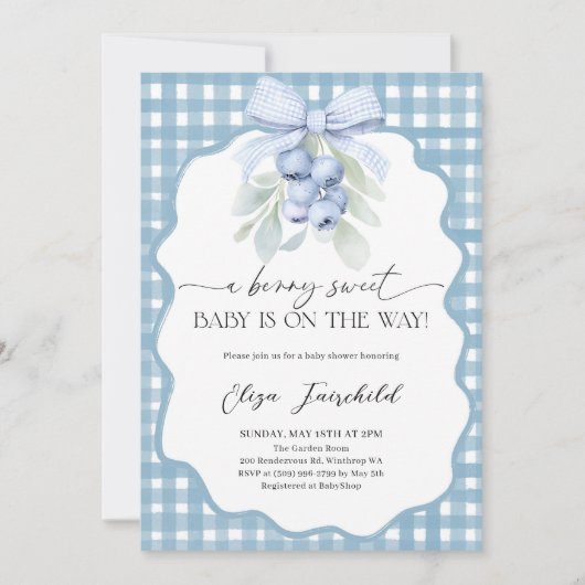 Berry Sweet Blueberry Gingham Baby Shower 招待状 (正面)