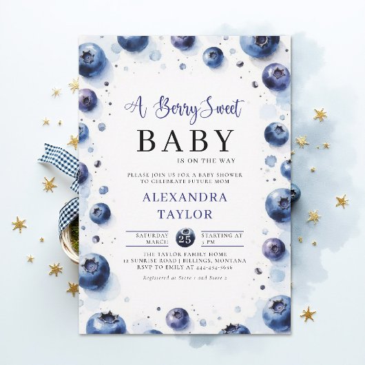 Berry Sweet Farmhouse Chic Blueberries Baby Shower 招待状