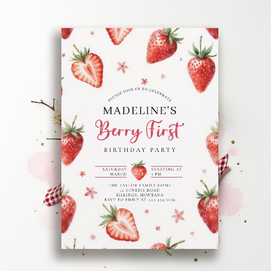 Berry Sweet Farmhouse Chic Watercolor 1st Birthday 招待状