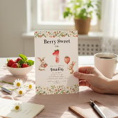 Berry Sweet Floral Bunny Strawberry First Birthday 招待状
