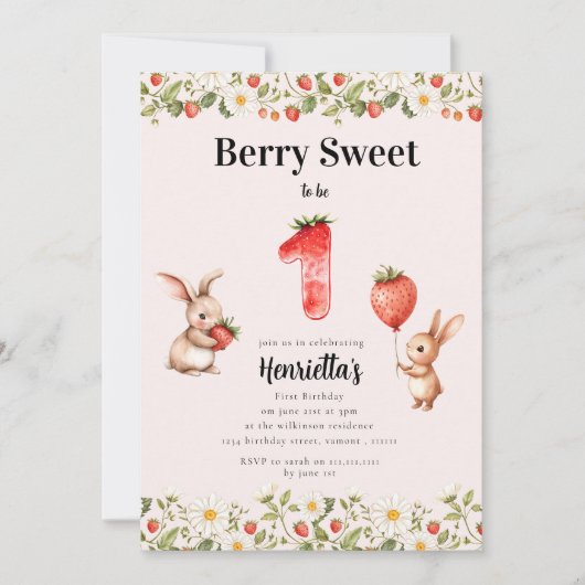 Berry Sweet Floral Bunny Strawberry First Birthday 招待状 (正面)