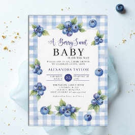 Berry Sweet Gingham Blue Cottage Style Baby Shower 招待状