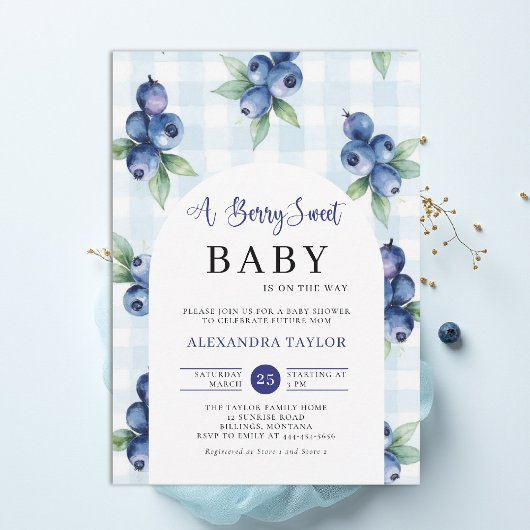 Berry Sweet Gingham Blue Farm Arch Boy Baby Shower 招待状