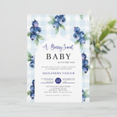 Berry Sweet Gingham Blue Farm Arch Boy Baby Shower 招待状 (スタンド正面)