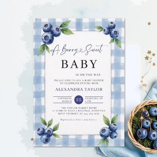 Berry Sweet Gingham Blue Farm Chic Baby Shower 招待状
