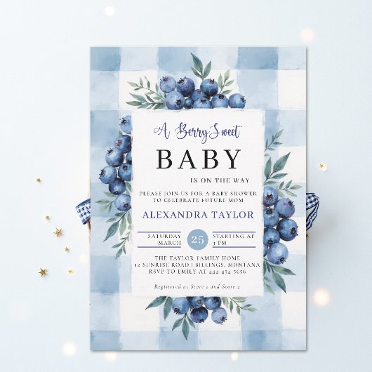 Berry Sweet Gingham Blueberries Baby Shower 招待状