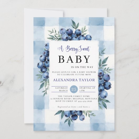 Berry Sweet Gingham Blueberries Baby Shower 招待状 (正面)